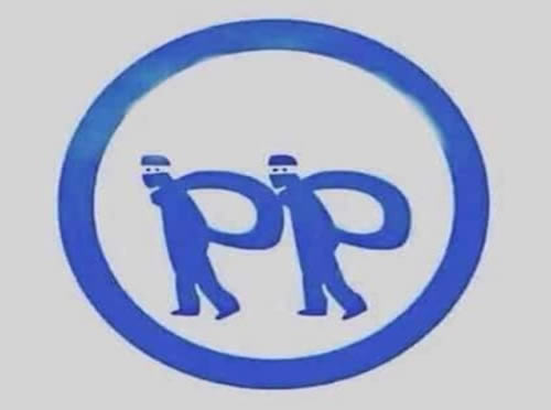 Logo del PP que indica dos cacos con sus sacos llenos de articulos robados